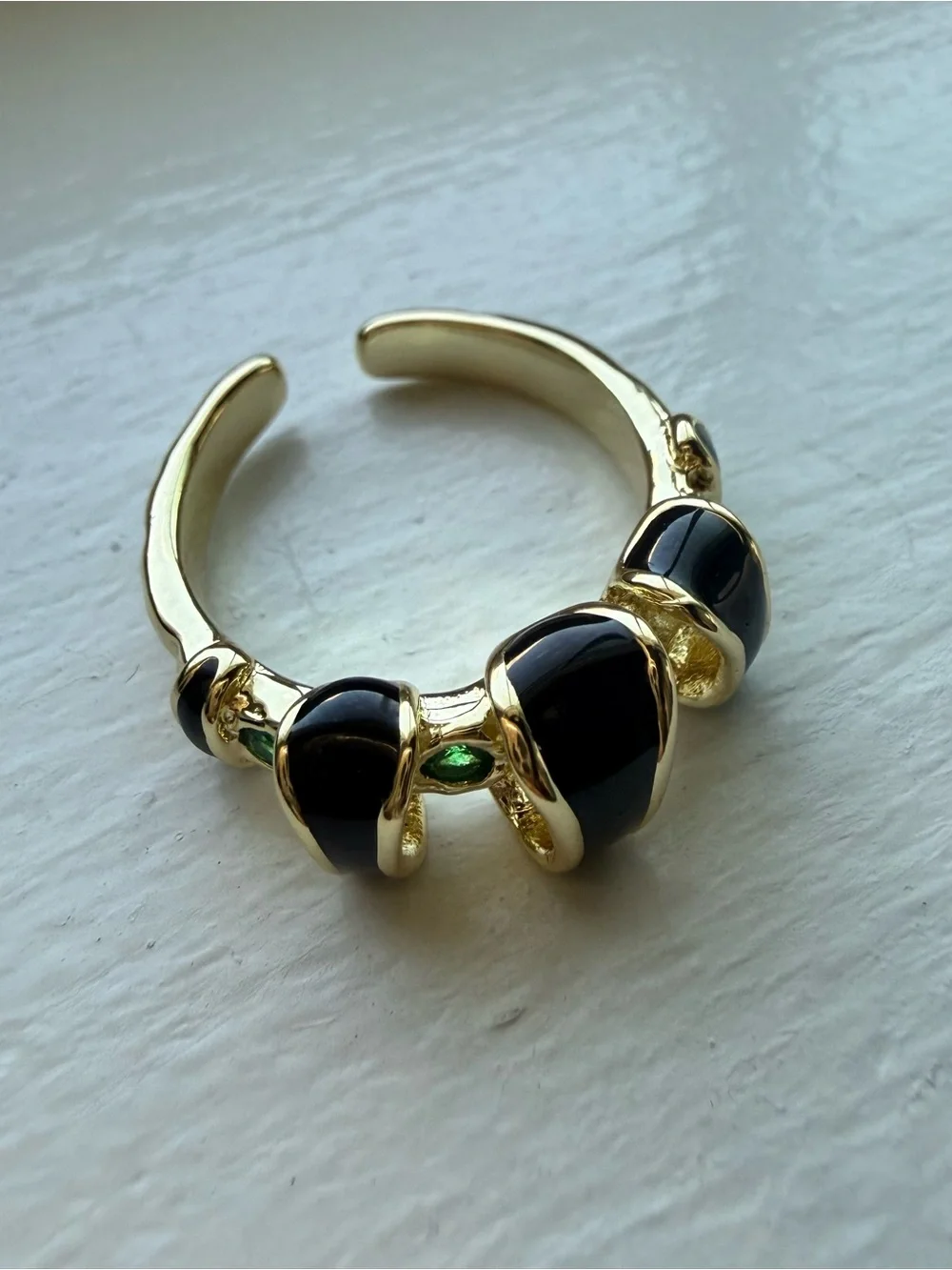 NEW! 18k Yellow Gold Plated & Black Enamel and Green Stone Women's Ring